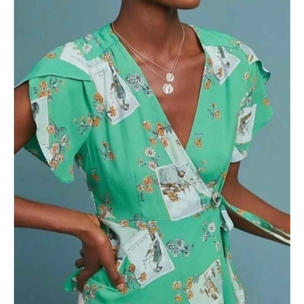 Anthropologie Meadow Rue | BonVoyage Wrap Blouse Bird Card Green Short Sleeves